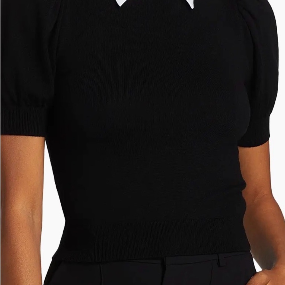 Alice + Olivia Black Puff Sleeve Top with White Collar - Picture 2 of 15
